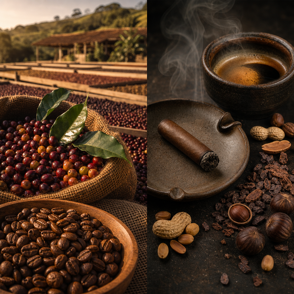 The Low-Acidity, Full-Bodied Nature of Brazilian Coffee with Nuts and Cocoa: The Sun-Drying Tradition of the World's Leading Producer, Paired with Bolívar Petit Coronas