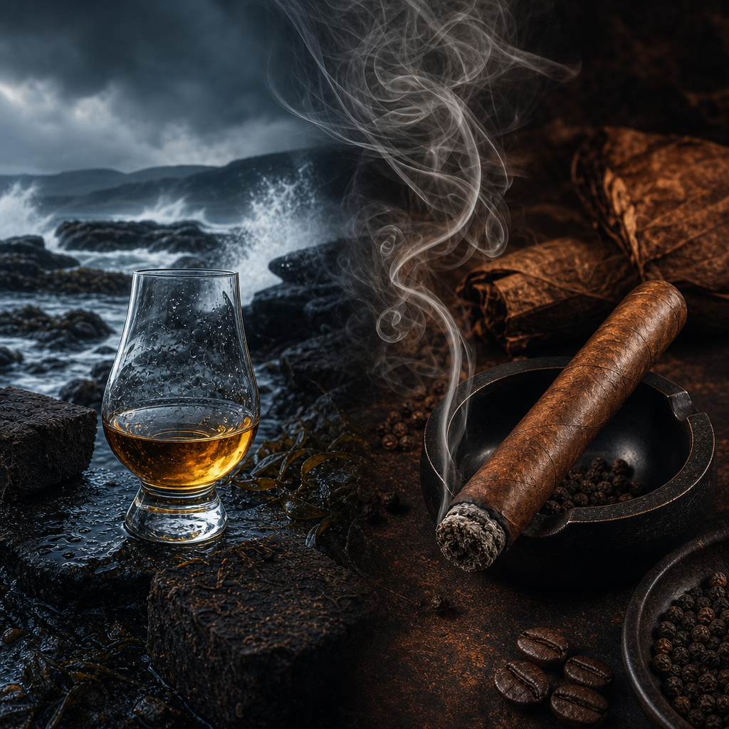 Complete Analysis of Islay Whisky's Peaty Flavor: Sea Breeze Iodine and Smoky Phenols, Paired with the Smoky Dialogue of Partagás Serie D No.4